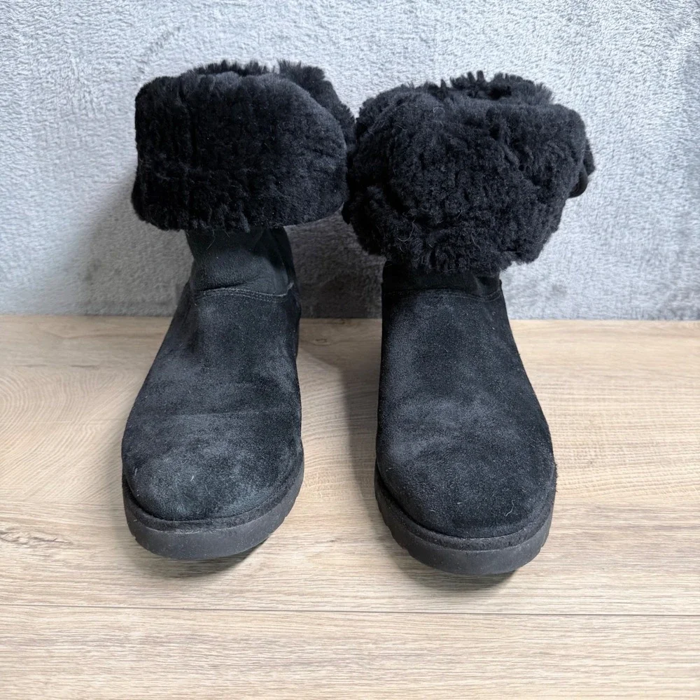 UGG Amie Classic Slim Boot Women 8 Black‎ Suede Shearling Mid Calf Wedge Heel